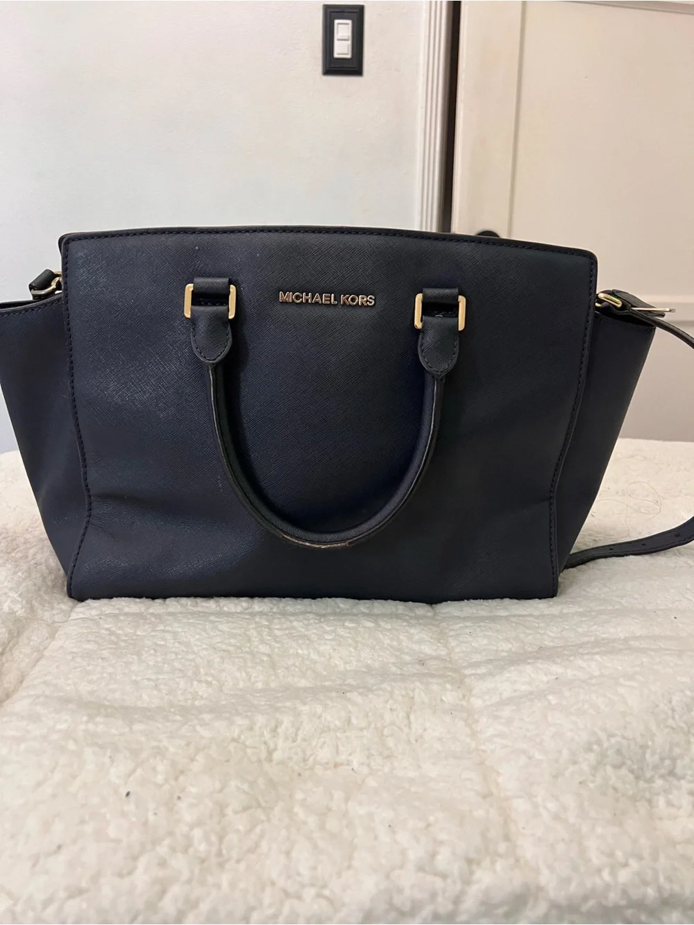 Michael Kors Navy Saffiano Satchel with Gold Hardware